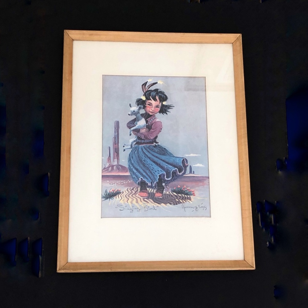 Signed Monteague Flagg Print SINGING BIRD Native American Framed 16" by 21"